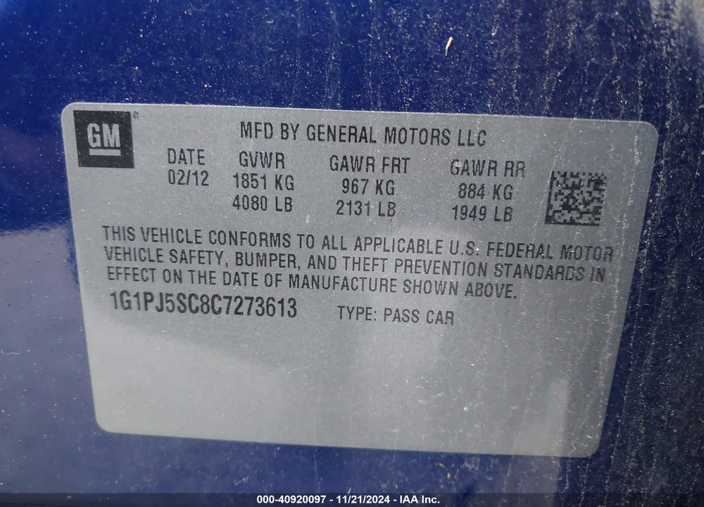 2012 CHEVROLET CRUZE ECO VIN: 1G1PJ5SC8C7273613