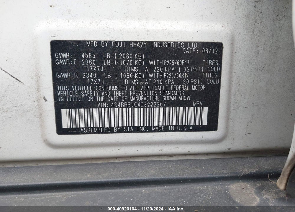 2013 SUBARU OUTBACK 2.5I LIMITED VIN: 4S4BRBJC4D3222267