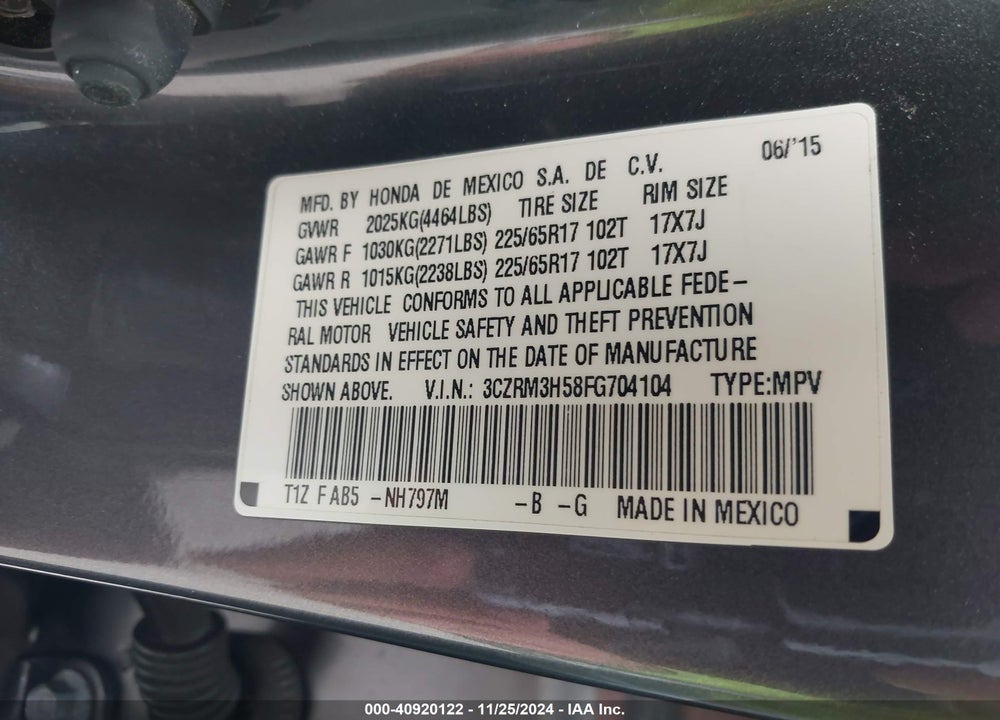 2015 HONDA CR-V EX VIN: 3CZRM3H58FG704104