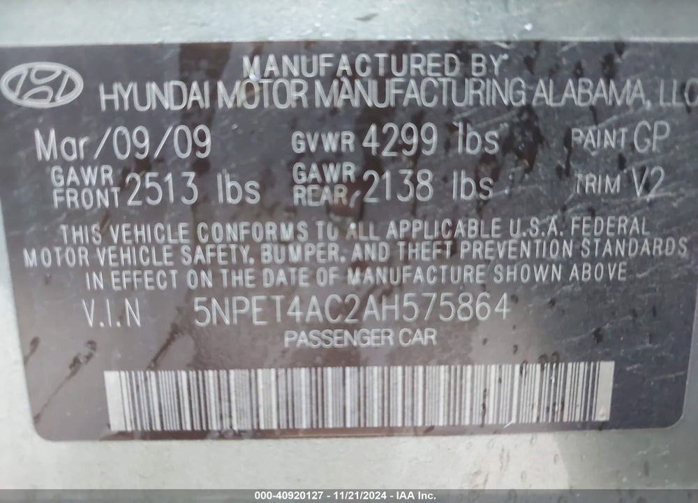 2010 HYUNDAI SONATA GLS VIN: 5NPET4AC2AH575864