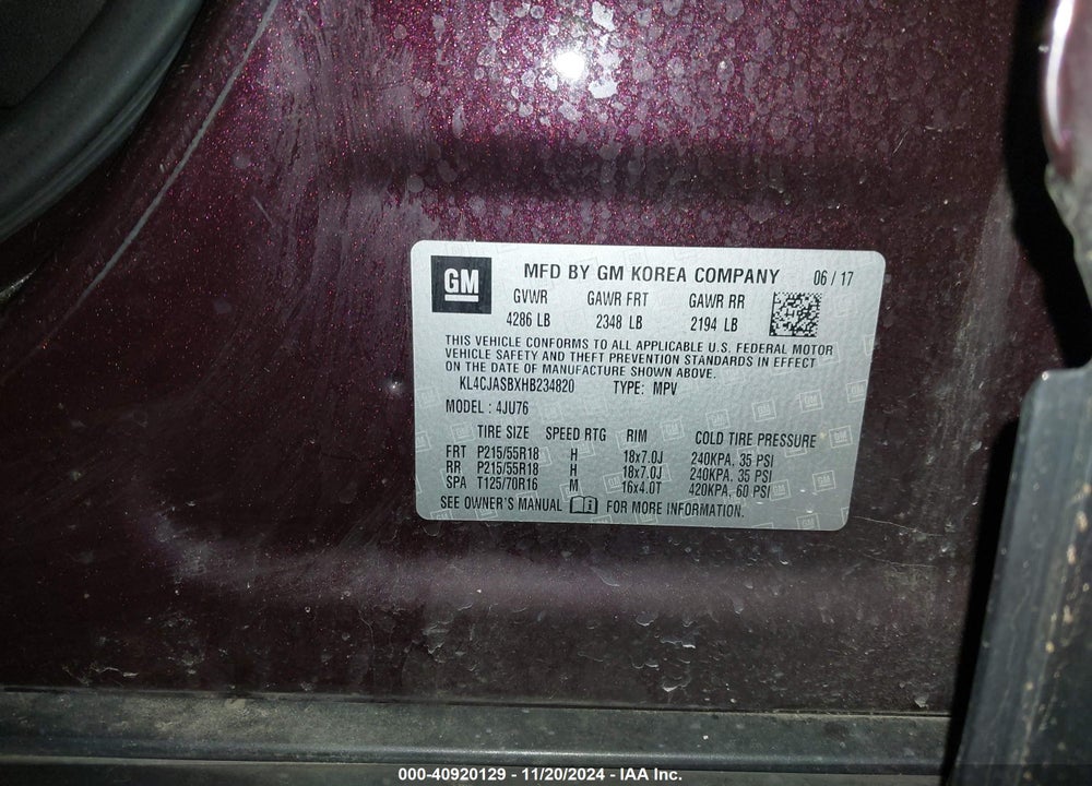 2017 BUICK ENCORE PREFERRED VIN: KL4CJASBXHB234820