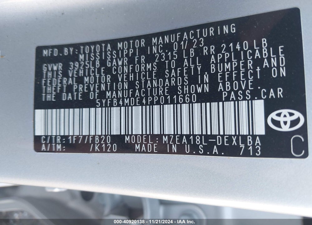 2023 TOYOTA COROLLA LE VIN: 5YFB4MDE4PP011660