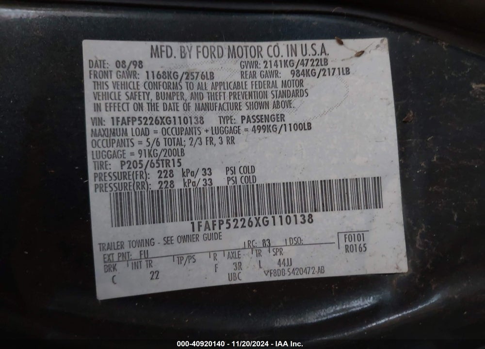 1999 FORD TAURUS LX VIN: 1FAFP5226XG110138