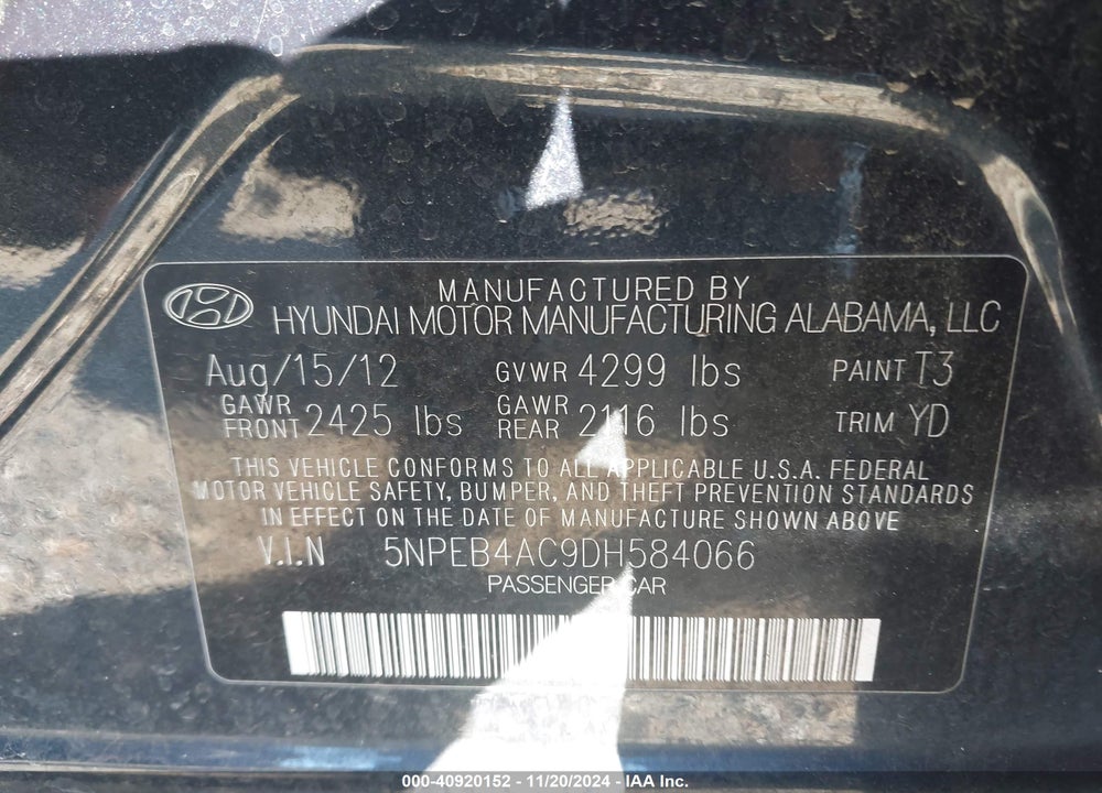 2013 HYUNDAI SONATA GLS VIN: 5NPEB4AC9DH584066