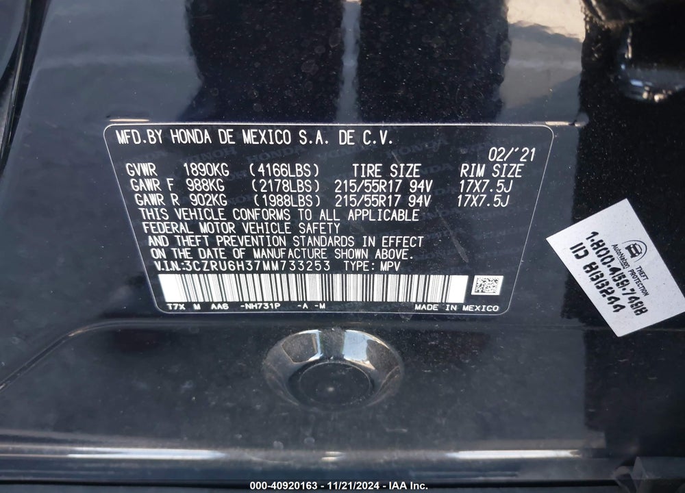 2021 HONDA HR-V AWD LX VIN: 3CZRU6H37MM733253