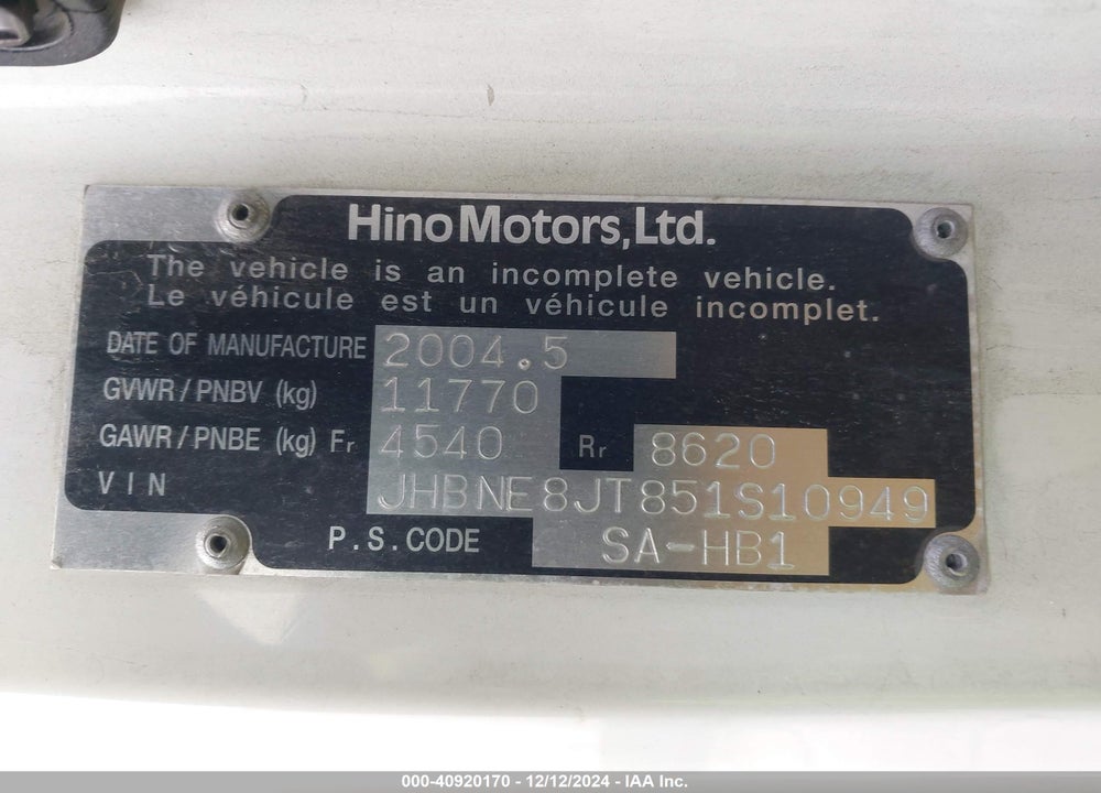 2005 HINO 268 VIN: JHBNE8JT851S10949