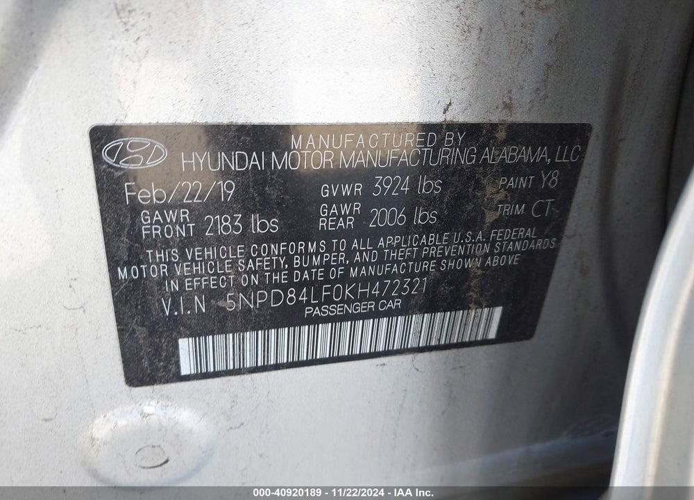 2019 HYUNDAI ELANTRA VIN: 5NPD84LF0KH472321