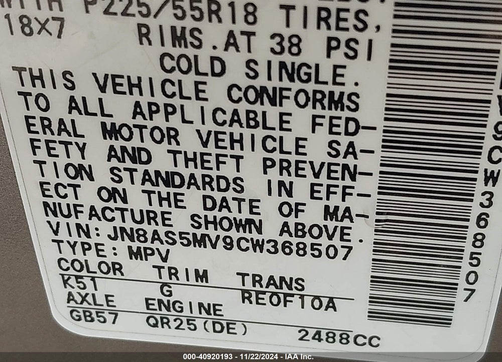 2012 NISSAN ROGUE SV W/SL PKG VIN: JN8AS5MV9CW368507