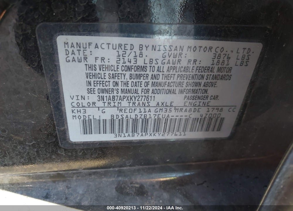 2019 NISSAN SENTRA VIN: 3N1AB7APXKY277611