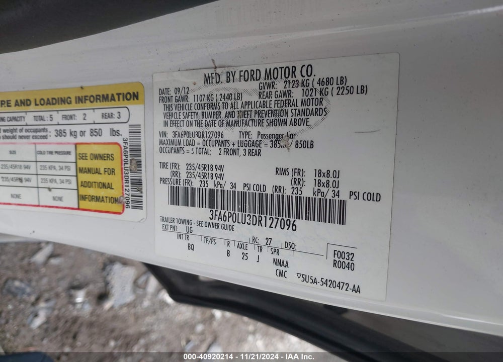2013 FORD FUSION HYBRID SE VIN: 3FA6P0LU3DR127096