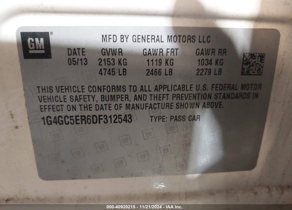 2013 BUICK LACROSSE LEATHER GROUP VIN: 1G4GC5ER6DF312543