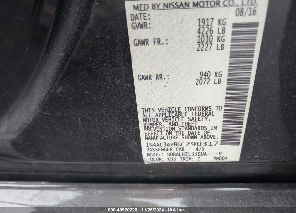 2016 NISSAN ALTIMA 2.5 SR VIN: 1N4AL3AP8GC290317