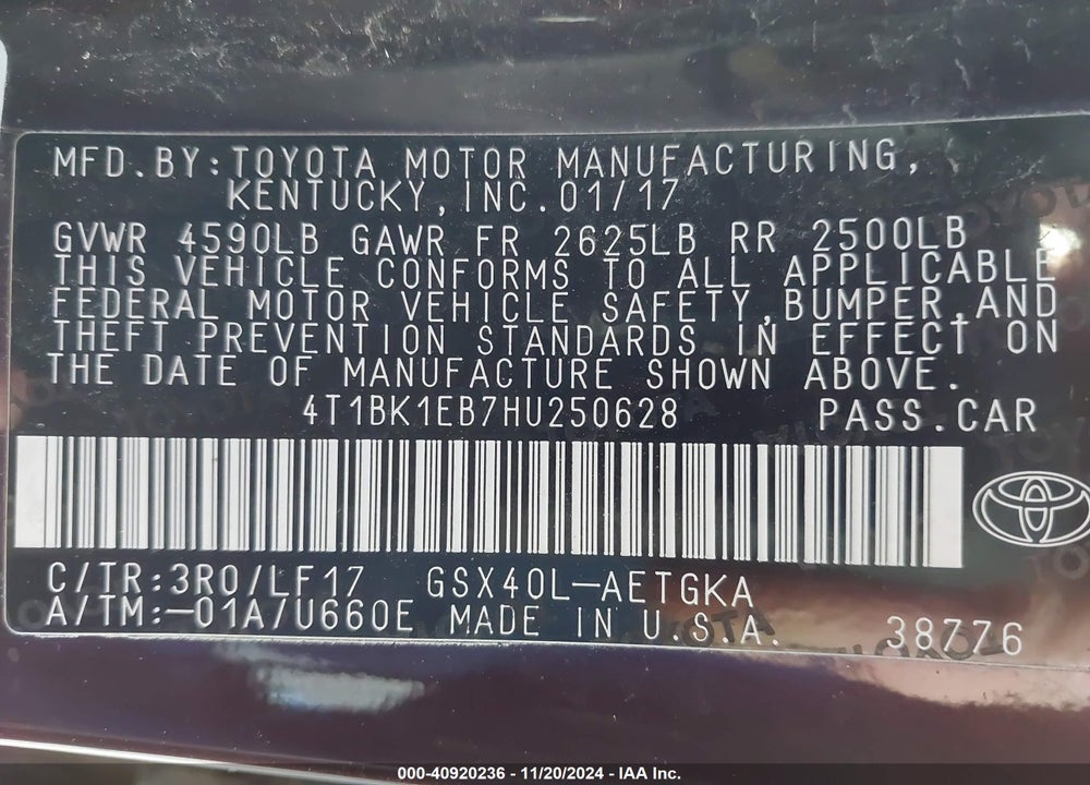 2017 TOYOTA AVALON VIN: 4T1BK1EB7HU250628