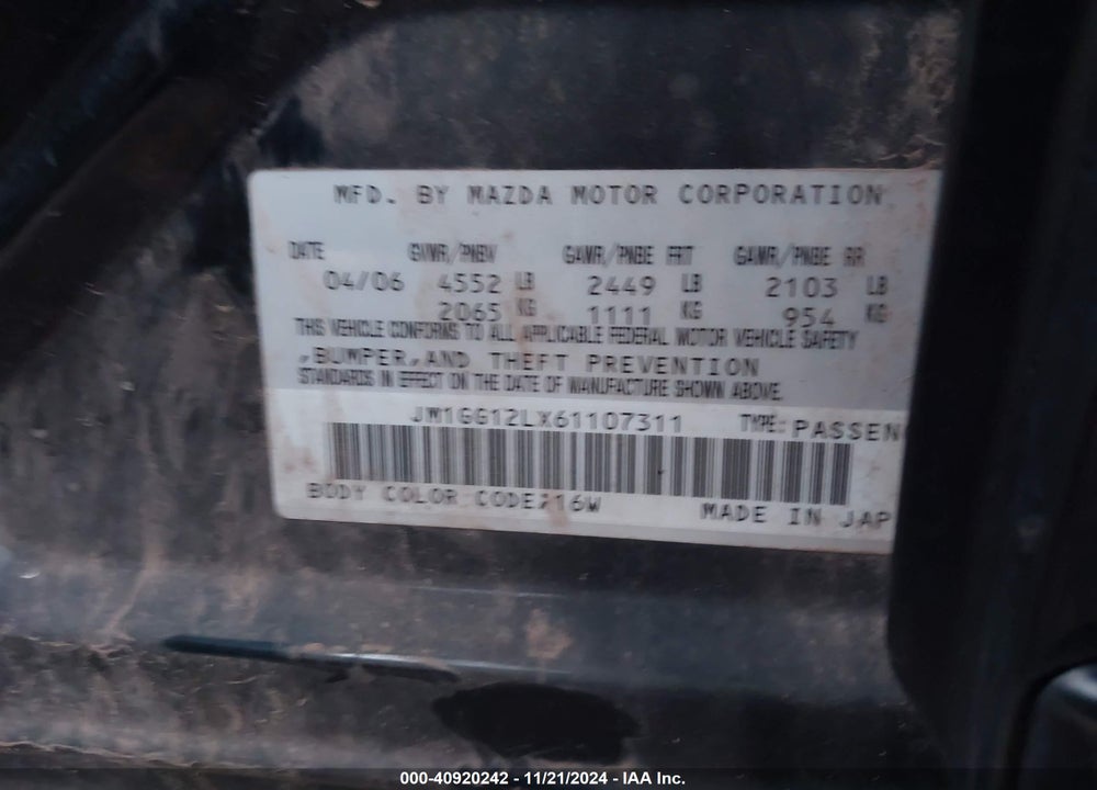 2006 MAZDA MAZDASPEED6 VIN: JM1GG12LX61107311