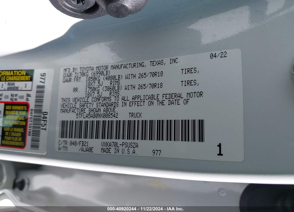 2022 TOYOTA TUNDRA SR5 VIN: 5TFLA5AB0NX008542