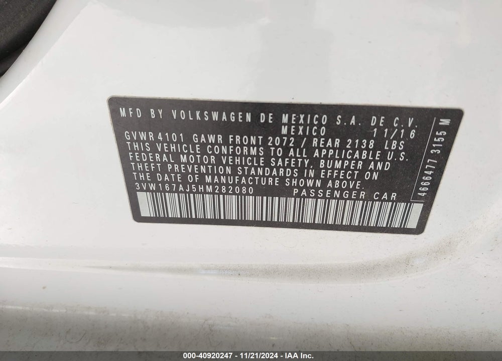 2017 VOLKSWAGEN JETTA 1.4T S VIN: 3VW167AJ5HM282080