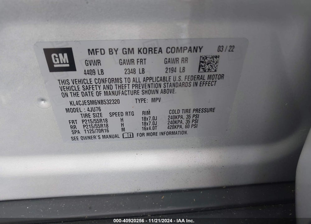 2022 BUICK ENCORE AWD PREFERRED VIN: KL4CJESM6NB532320
