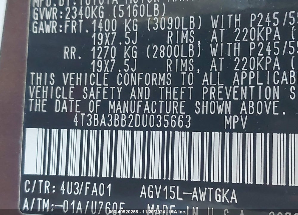 2013 TOYOTA VENZA LE VIN: 4T3BA3BB2DU035663