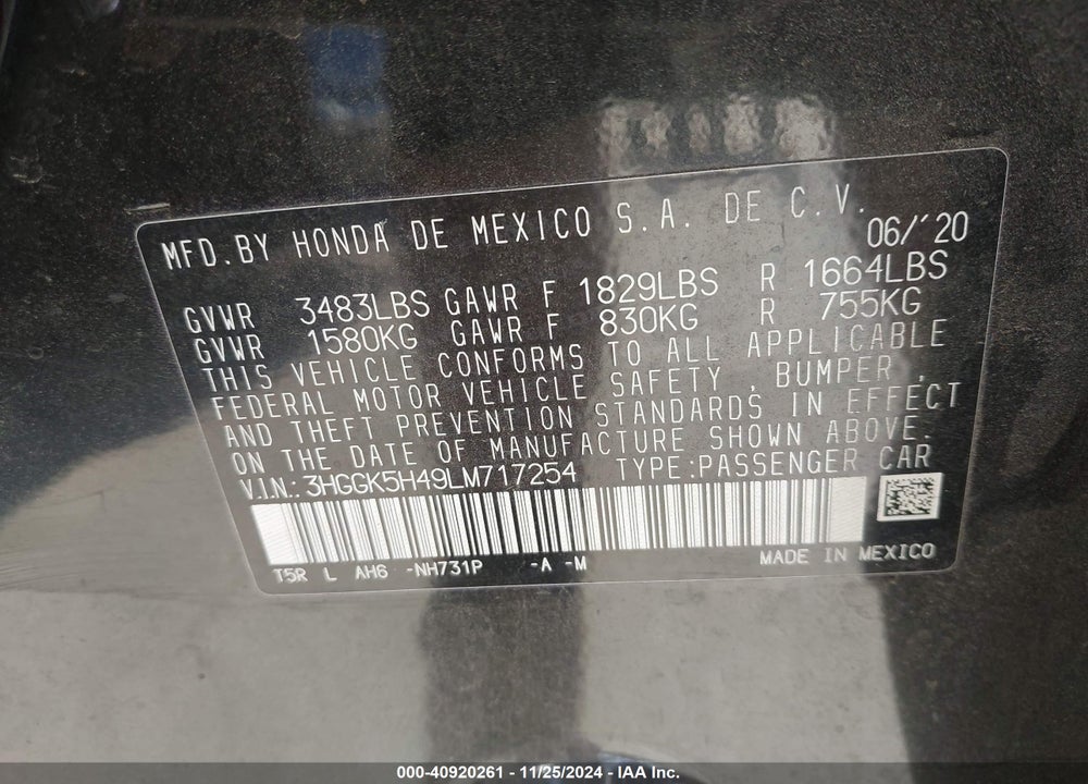 2020 HONDA FIT VIN: 3HGGK5H49LM717254