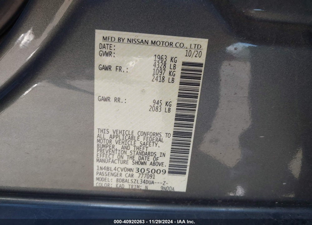 2021 NISSAN ALTIMA VIN: 1N4BL4CV0MN305009