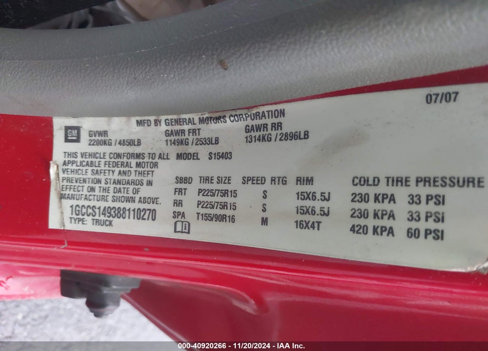 2008 CHEVROLET COLORADO LS VIN: 1GCCS149388110270
