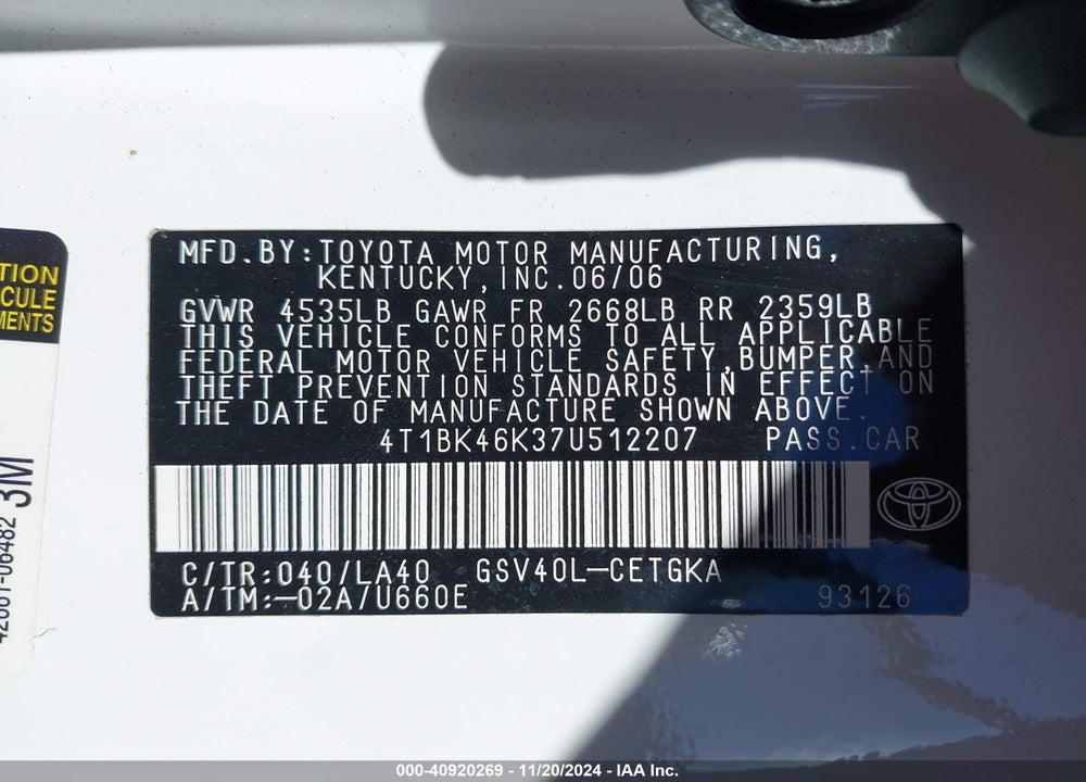 2007 TOYOTA CAMRY VIN: 4T1BK46K37U512207