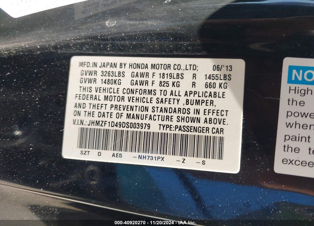 2013 HONDA CR-Z VIN: JHMZF1D49DS003979
