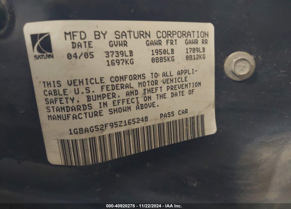 2005 SATURN ION 1 VIN: 1G8AG52F95Z165248