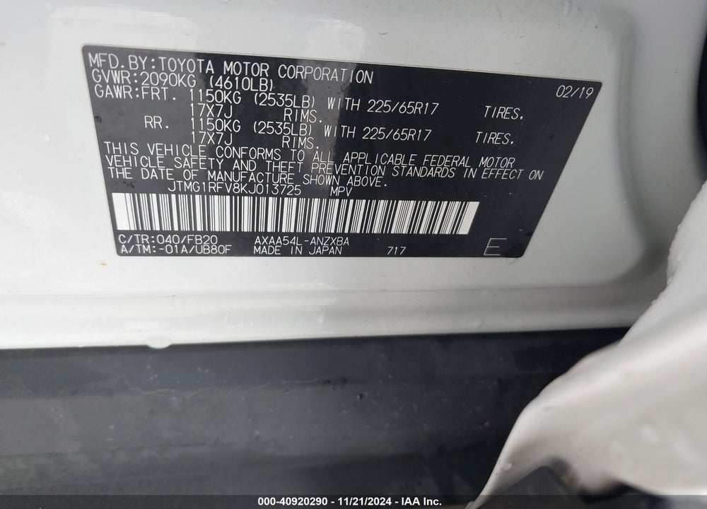 2019 TOYOTA RAV4 LE VIN: JTMG1RFV8KJ013725
