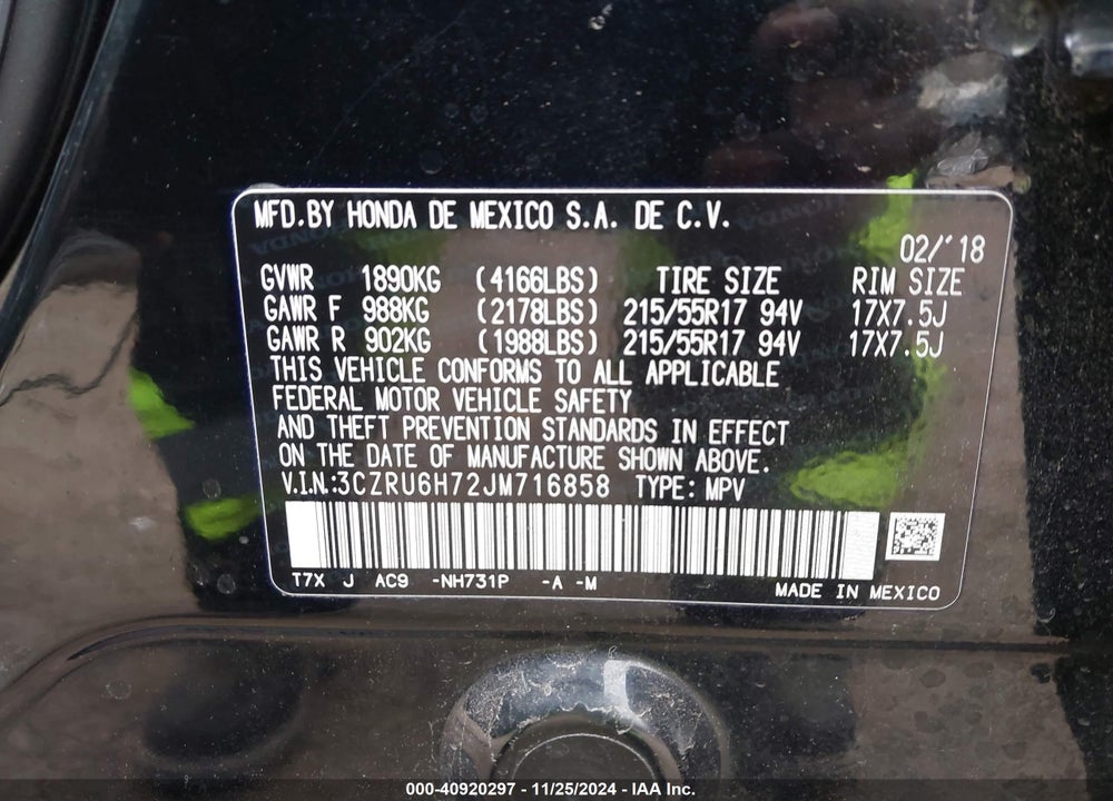 2018 HONDA HR-V EX-L VIN: 3CZRU6H72JM716858