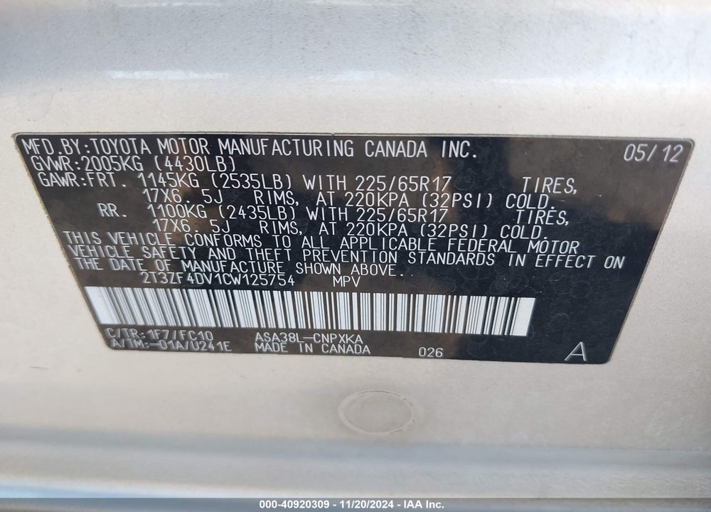 2012 TOYOTA RAV4 VIN: 2T3ZF4DV1CW125754