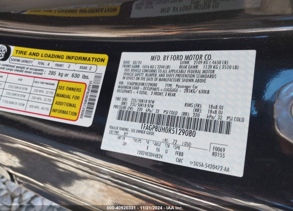 2024 FORD MUSTANG ECOBOOST PREMIUM VIN: 1FAGP8UH0R5129080