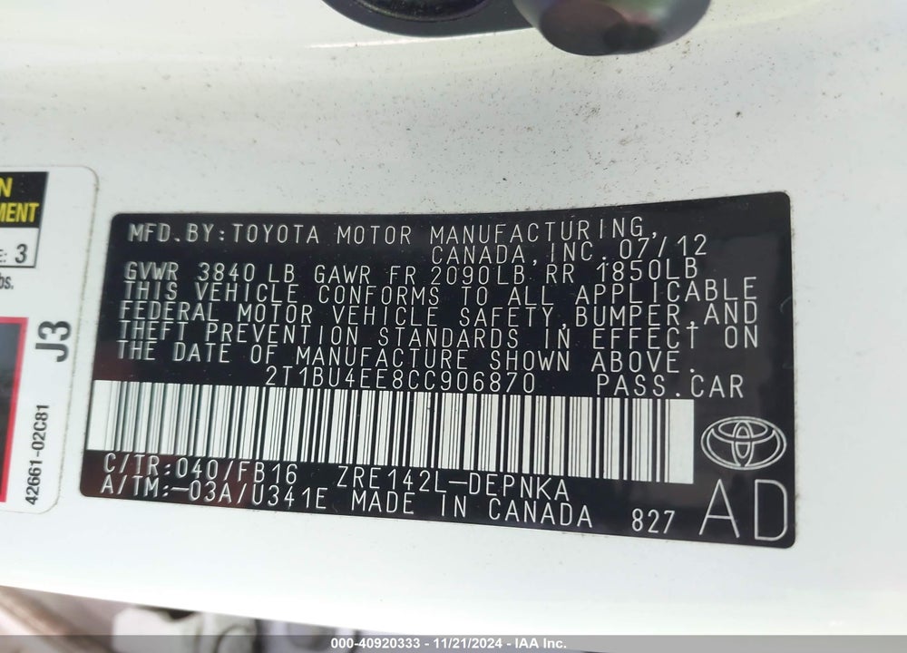2012 TOYOTA COROLLA LE VIN: 2T1BU4EE8CC906870