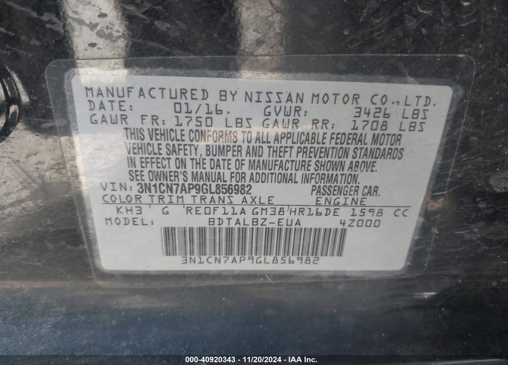 2016 NISSAN VERSA 1.6 S/1.6 S+/1.6 SL/1.6 SV VIN: 3N1CN7AP9GL856982