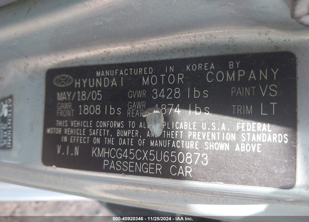 2005 HYUNDAI ACCENT GLS VIN: KMHCG45CX5U650873