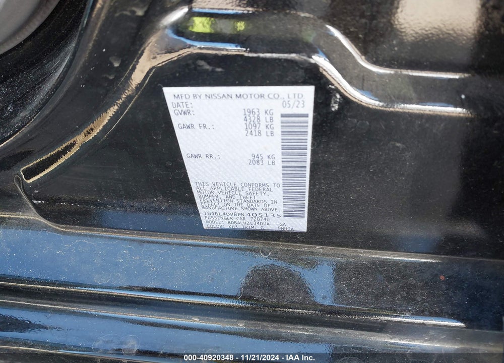 2023 NISSAN ALTIMA SV FWD VIN: 1N4BL4DV8PN405135