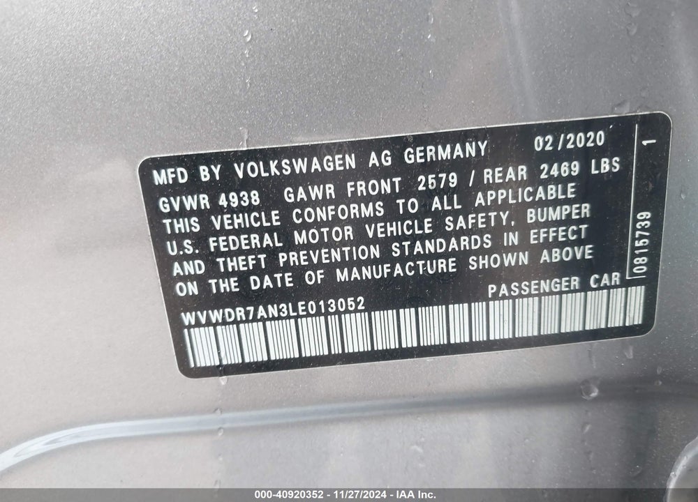 2020 VOLKSWAGEN ARTEON 2.0T SEL VIN: WVWDR7AN3LE013052