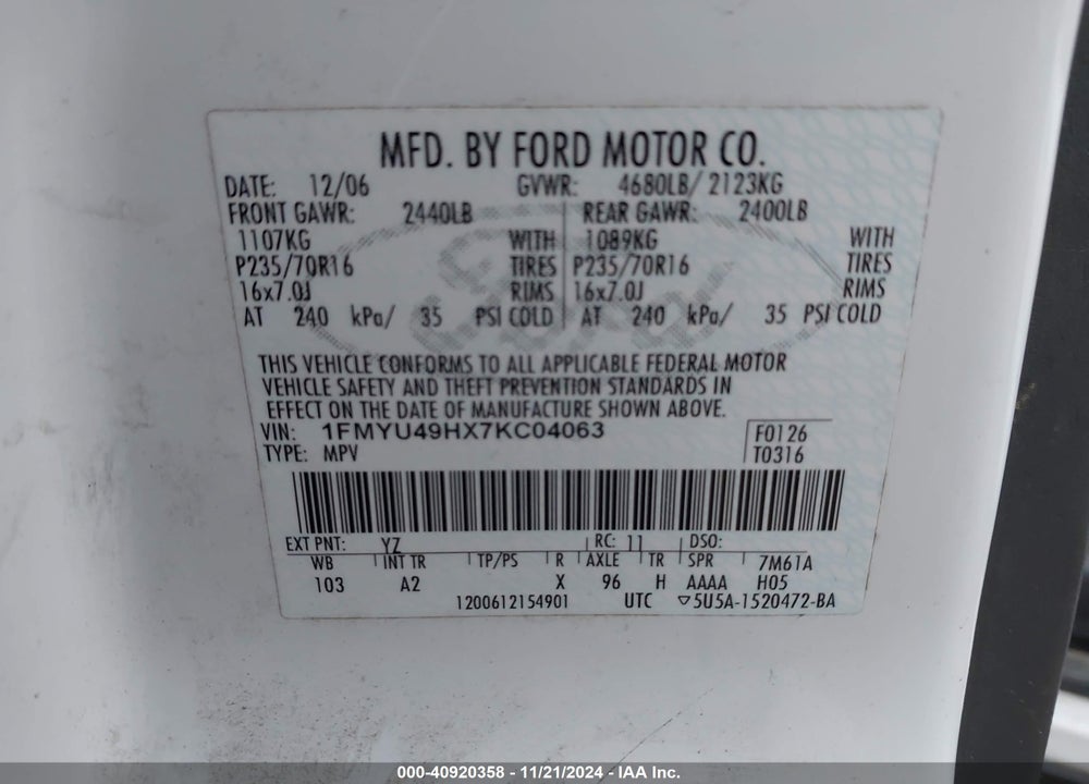 2007 FORD ESCAPE HYBRID VIN: 1FMYU49HX7KC04063