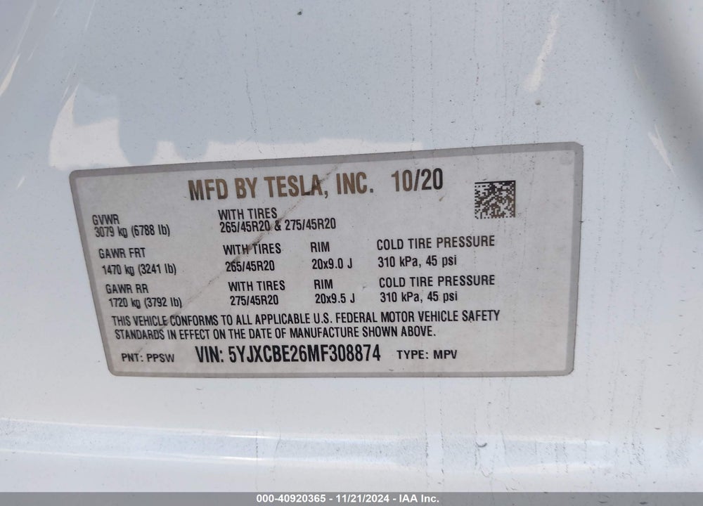2021 TESLA MODEL X LONG RANGE DUAL MOTOR ALL-WHEEL DRIVE/LONG RANGE PLUS DUAL MOTOR ALL-WHEEL DRIVE VIN: 5YJXCBE26MF308874