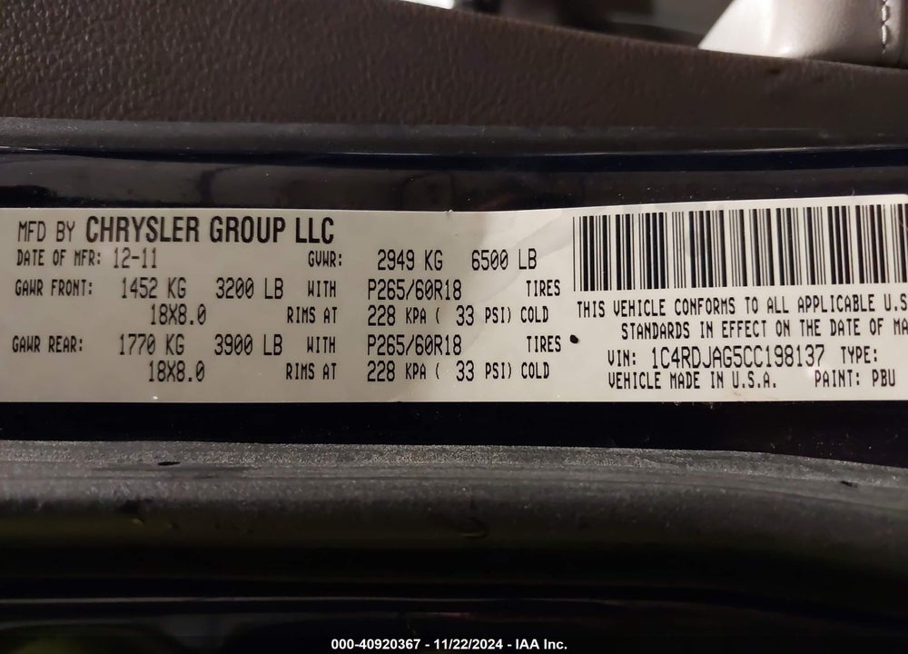 2012 DODGE DURANGO SXT VIN: 1C4RDJAG5CC198137