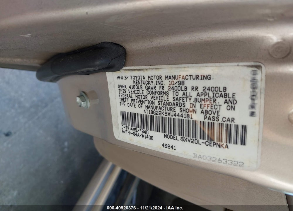 1999 TOYOTA CAMRY LE VIN: 4T1BG22K5XU444181