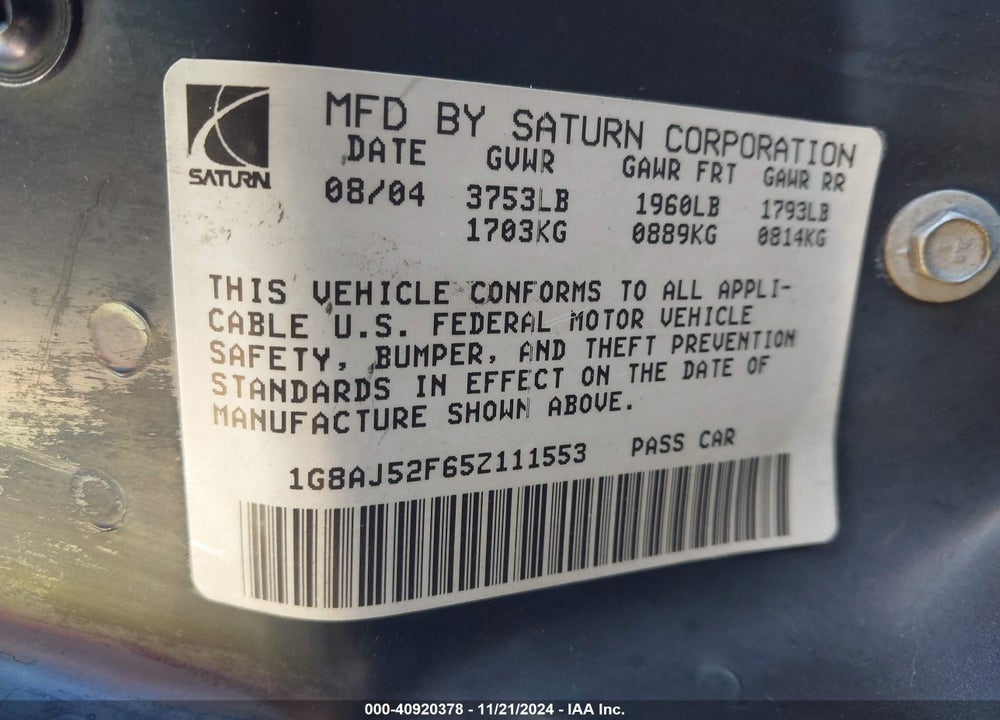 2005 SATURN ION 2 VIN: 1G8AJ52F65Z111553