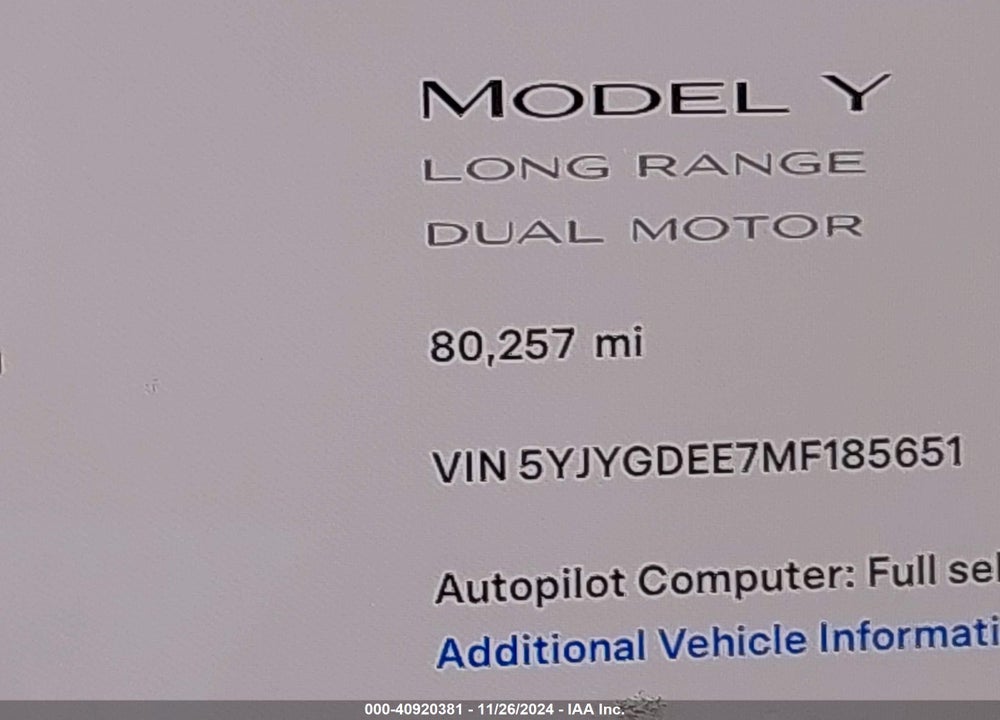 2021 TESLA MODEL Y LONG RANGE DUAL MOTOR ALL-WHEEL DRIVE VIN: 5YJYGDEE7MF185651