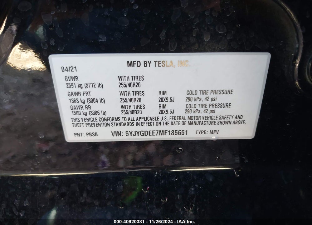 2021 TESLA MODEL Y LONG RANGE DUAL MOTOR ALL-WHEEL DRIVE VIN: 5YJYGDEE7MF185651