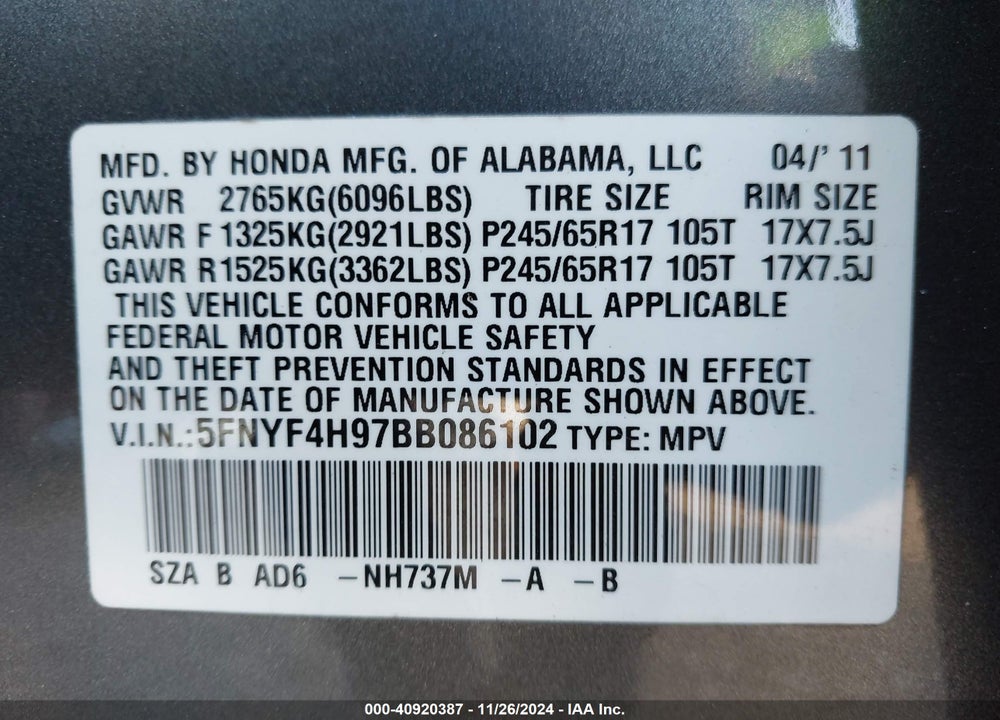 2011 HONDA PILOT TOURING VIN: 5FNYF4H97BB086102