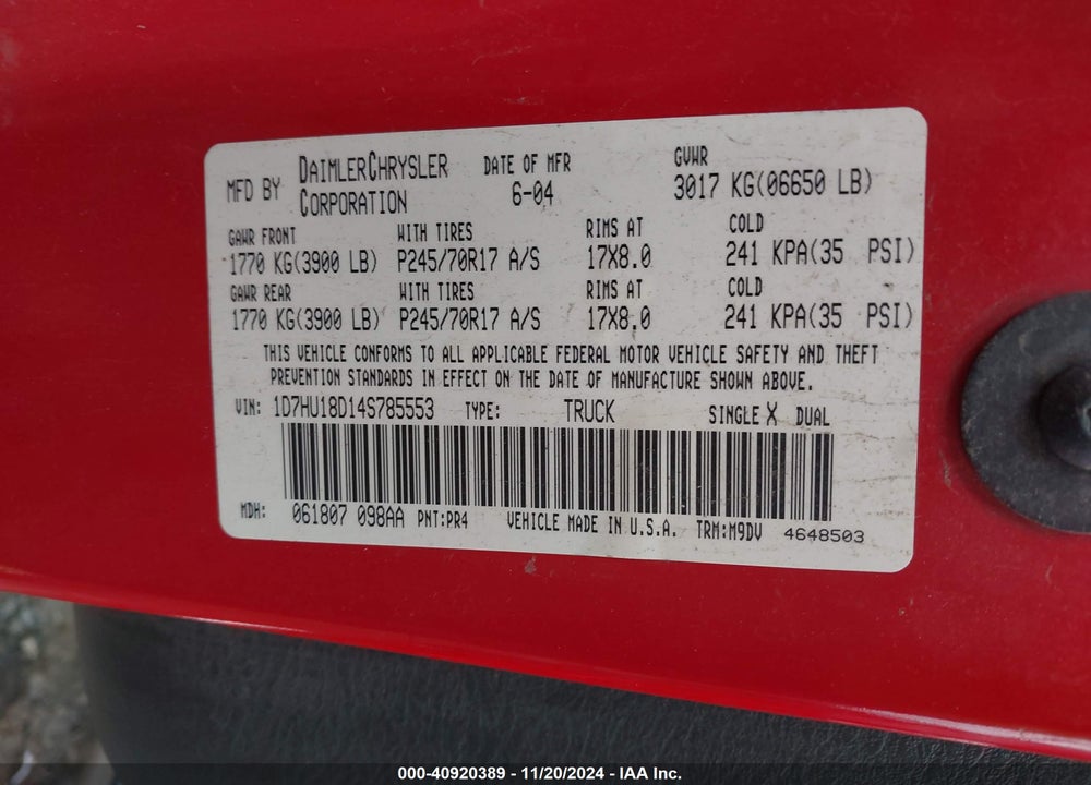 2004 DODGE RAM 1500 SLT/LARAMIE VIN: 1D7HU18D14S785553