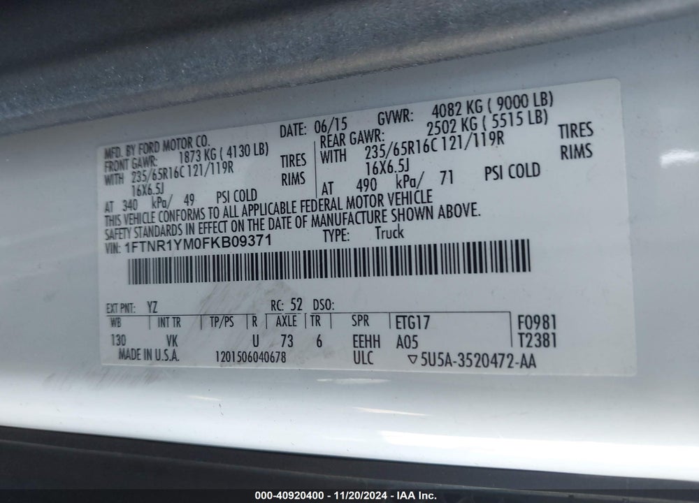 2015 FORD TRANSIT-250 VIN: 1FTNR1YM0FKB09371