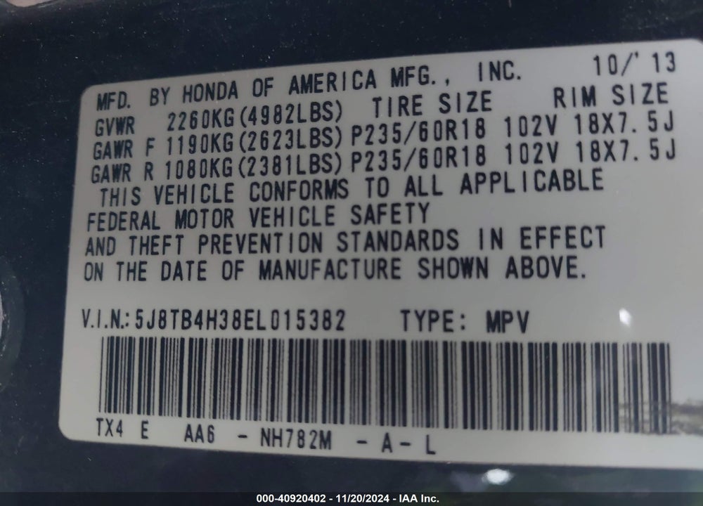 2014 ACURA RDX VIN: 5J8TB4H38EL015382