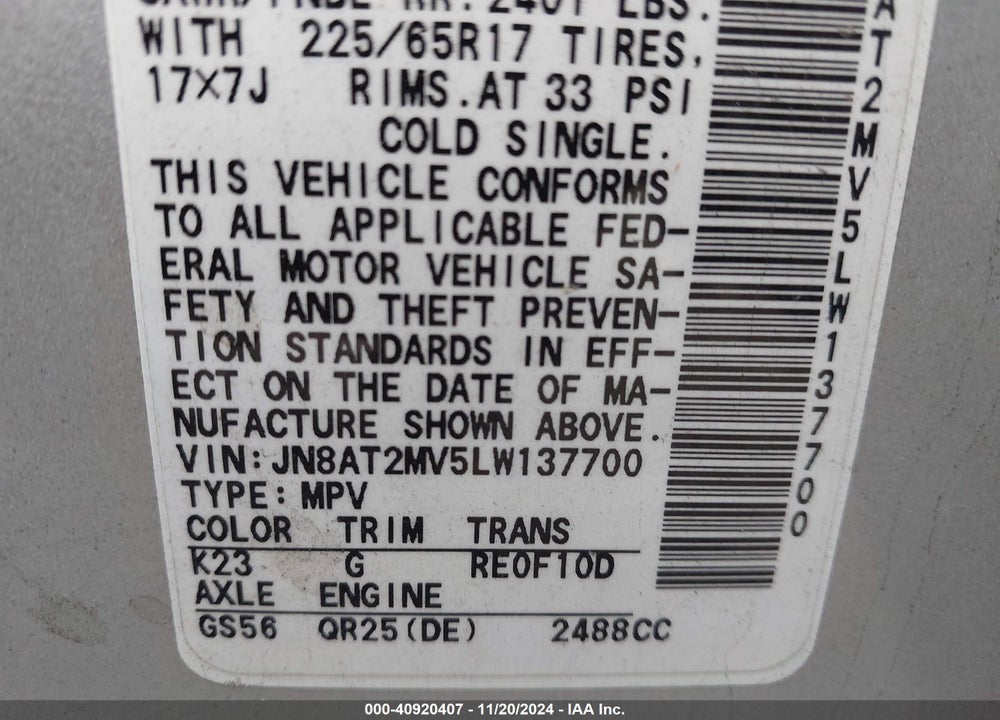 2020 NISSAN ROGUE SV INTELLIGENT AWD VIN: JN8AT2MV5LW137700