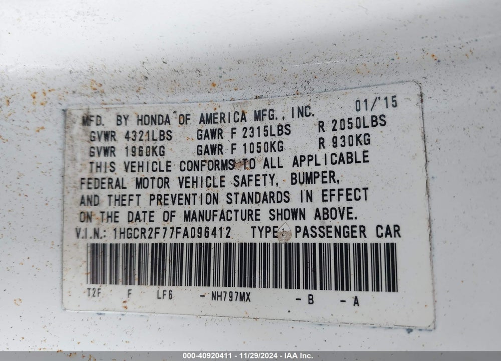 2015 HONDA ACCORD VIN: 1HGCR2F77FA096412